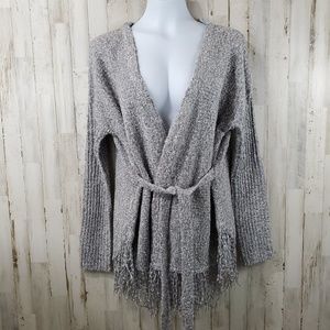 A'reve Womens Cardigan Sweater S M Gray Fringe Ribbed Arms Belted T2
